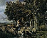 Watering Paintings - Shepherdess watering flock by Charles Emile Jacque